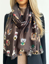 BROWN COTTON BLEND DOG PRINT LIGHTWEIGHT SCARF