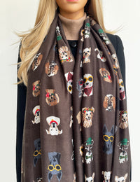 BROWN COTTON BLEND DOG PRINT LIGHTWEIGHT SCARF