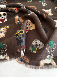 BROWN COTTON BLEND DOG PRINT LIGHTWEIGHT SCARF