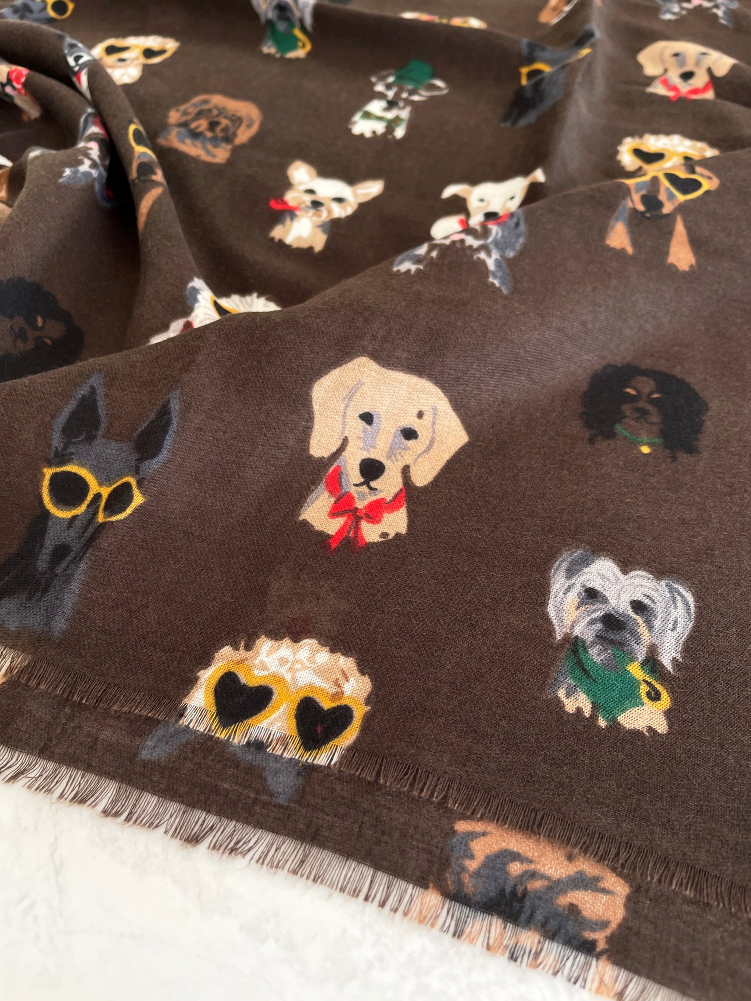 BROWN COTTON BLEND DOG PRINT LIGHTWEIGHT SCARF