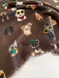 BROWN COTTON BLEND DOG PRINT LIGHTWEIGHT SCARF