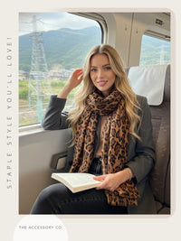 BROWN COTTON BLEND METALLIC LEOPARD PRINT SCARF