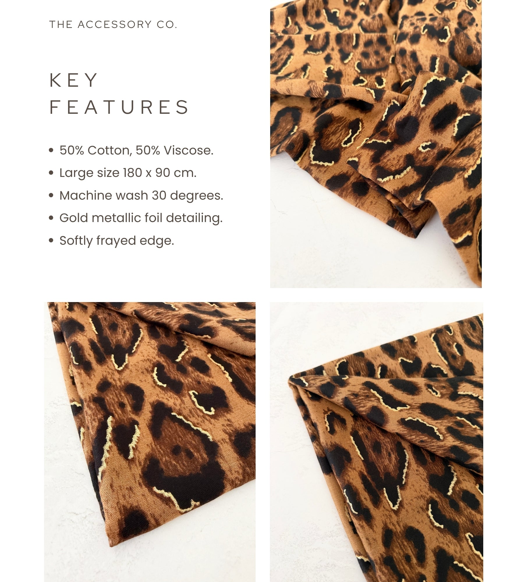 BROWN COTTON BLEND METALLIC LEOPARD PRINT SCARF