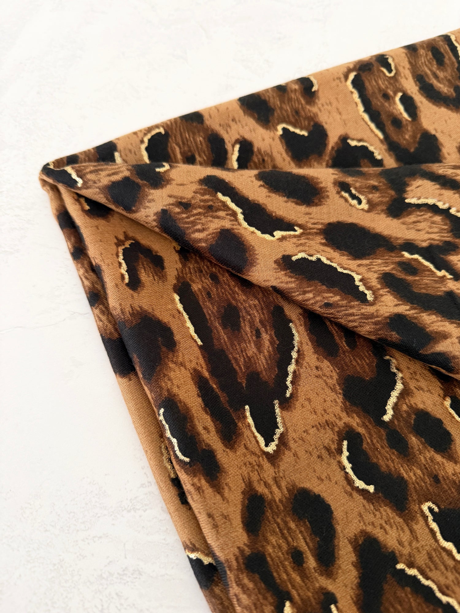 BROWN COTTON BLEND METALLIC LEOPARD PRINT SCARF