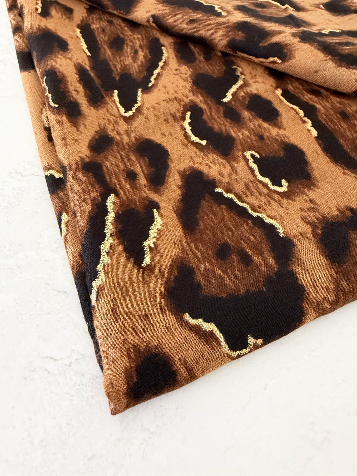 BROWN COTTON BLEND METALLIC LEOPARD PRINT SCARF