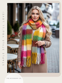 BURGUNDY CHECKED WOOL RAINBOW BLANKET SCARF OVERSIZED WINTER SHAWL WRAP