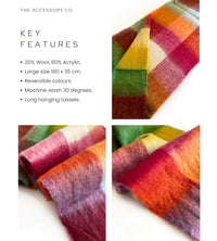 BURGUNDY CHECKED WOOL RAINBOW BLANKET SCARF OVERSIZED WINTER SHAWL WRAP