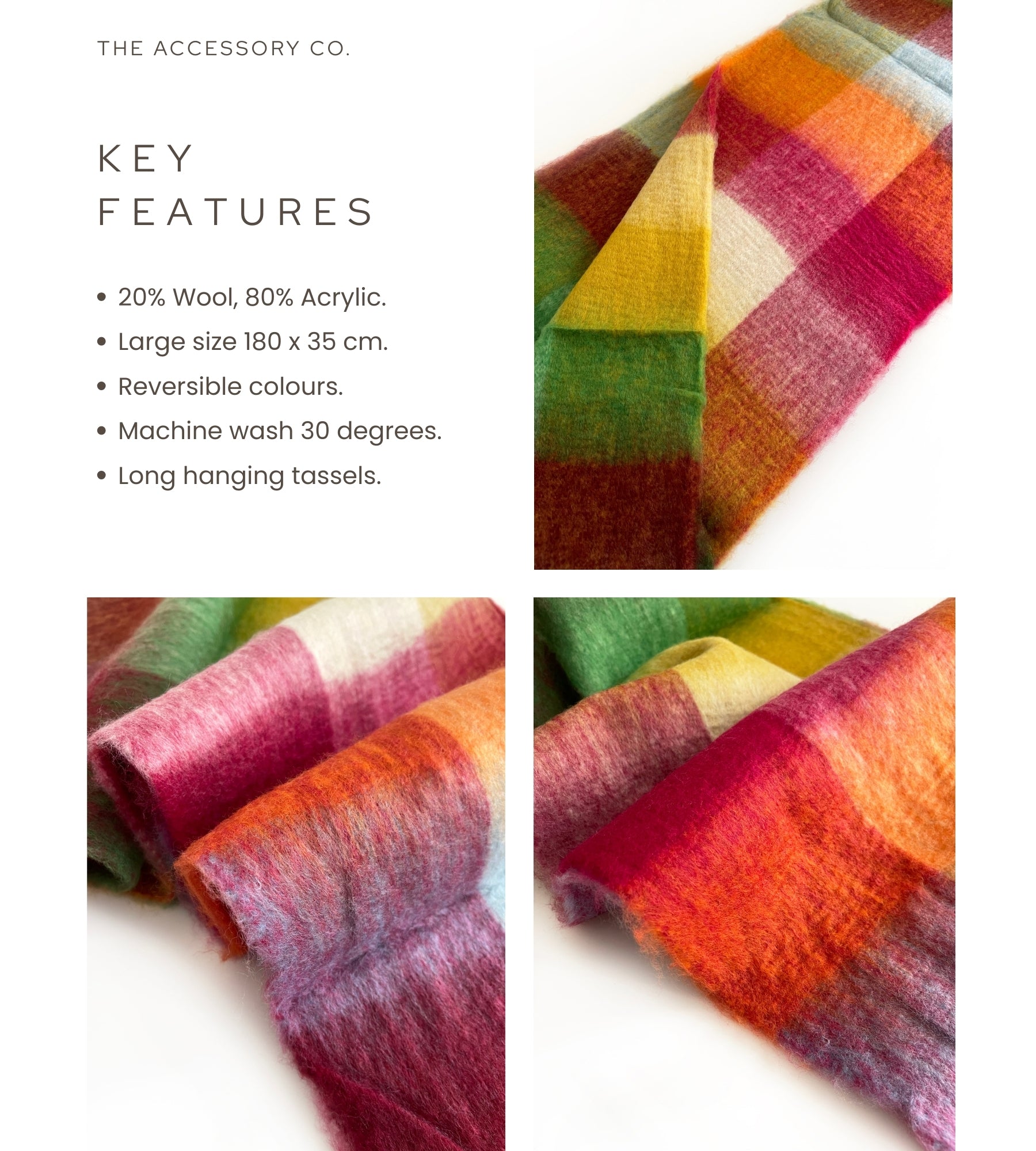 BURGUNDY CHECKED WOOL RAINBOW BLANKET SCARF OVERSIZED WINTER SHAWL WRAP