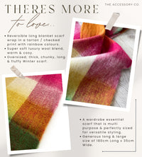 BURGUNDY CHECKED WOOL RAINBOW BLANKET SCARF OVERSIZED WINTER SHAWL WRAP