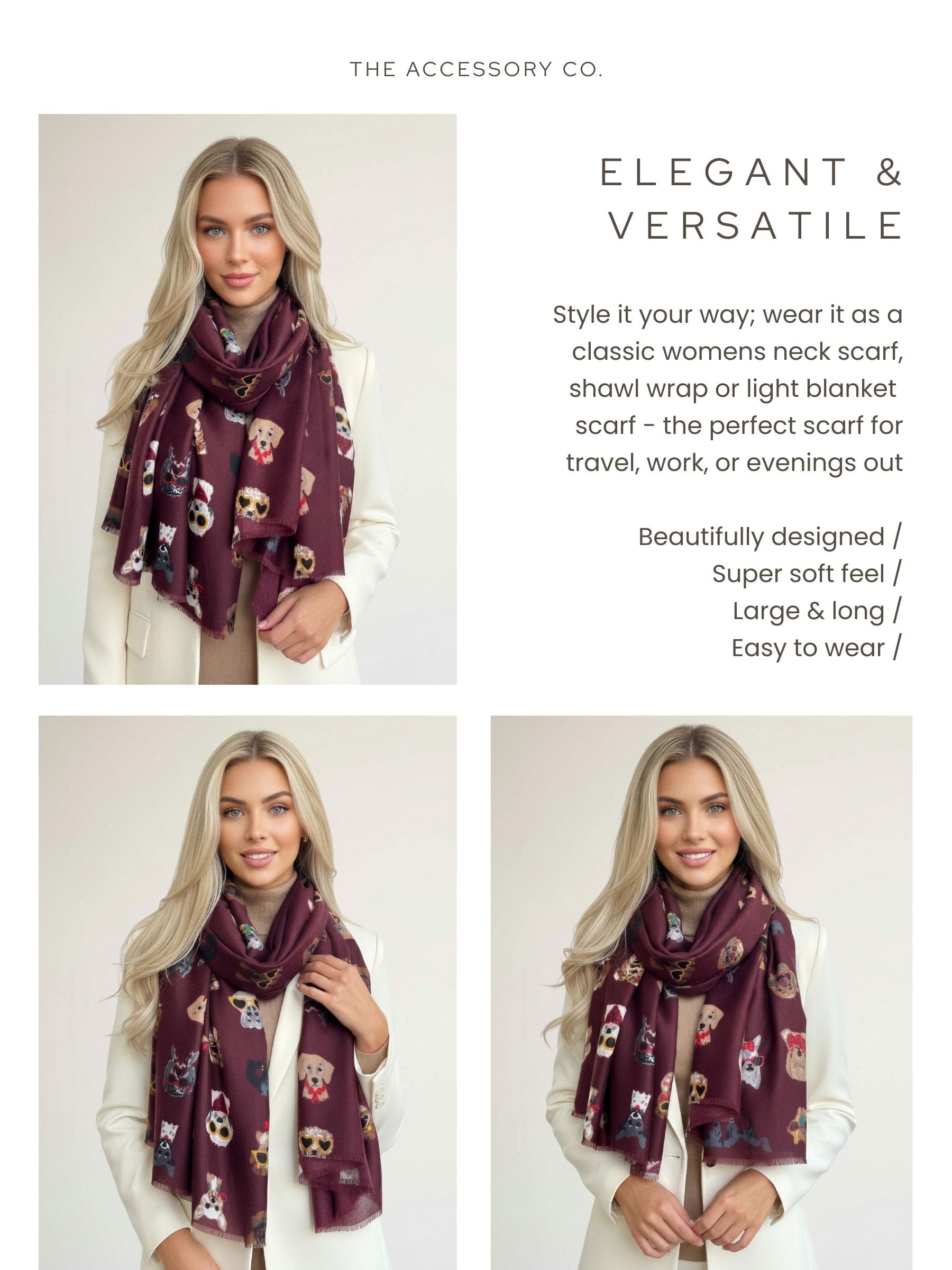 BURGUNDY COTTON BLEND DOG PRINT LIGHTWEIGHT SCARF - A-SHU.CO.UK