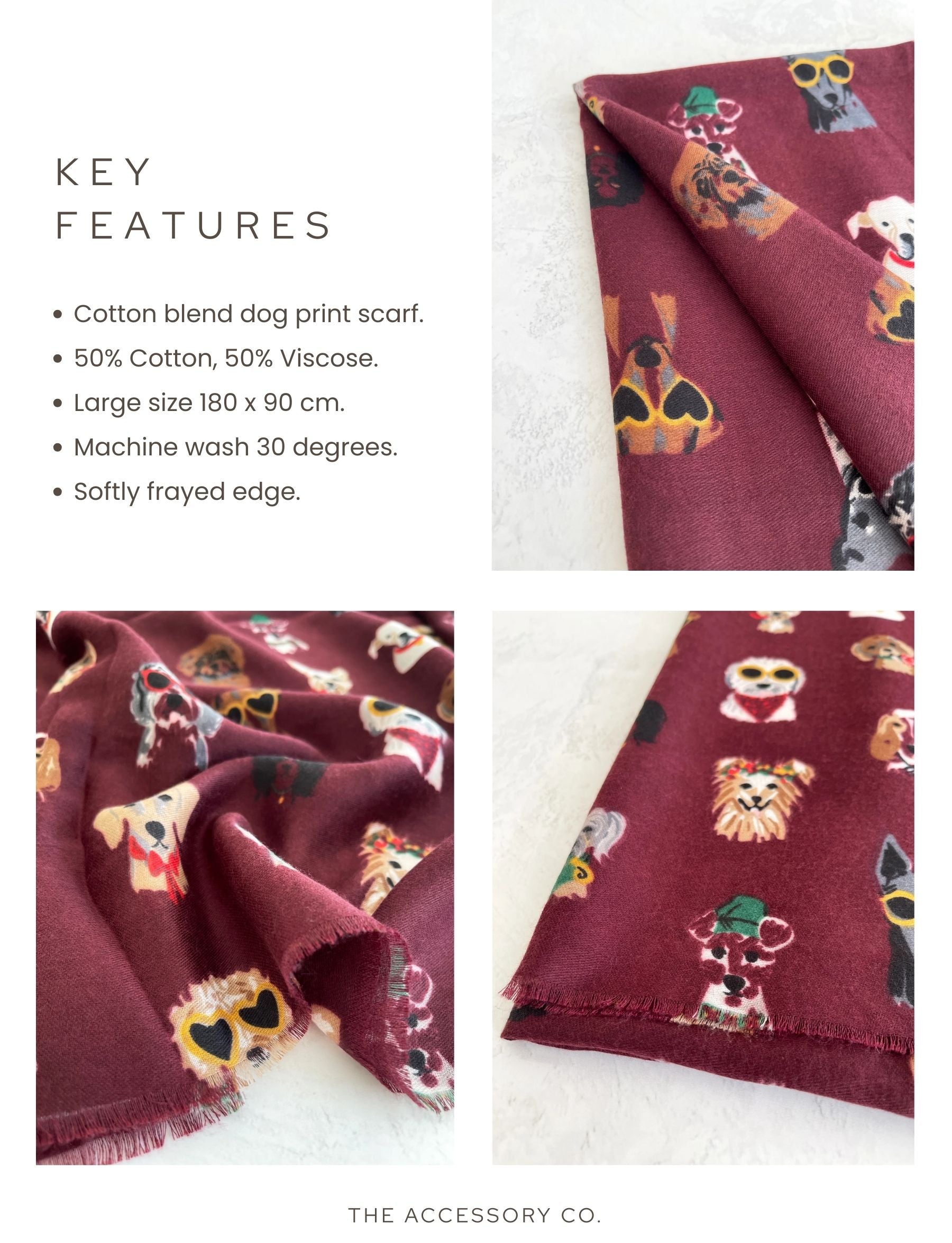 BURGUNDY COTTON BLEND DOG PRINT LIGHTWEIGHT SCARF - A-SHU.CO.UK