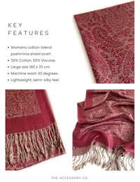 BURGUNDY PAISLEY PRINT REVERSIBLE PASHMINA SHAWL SCARF - A-SHU.CO.UK
