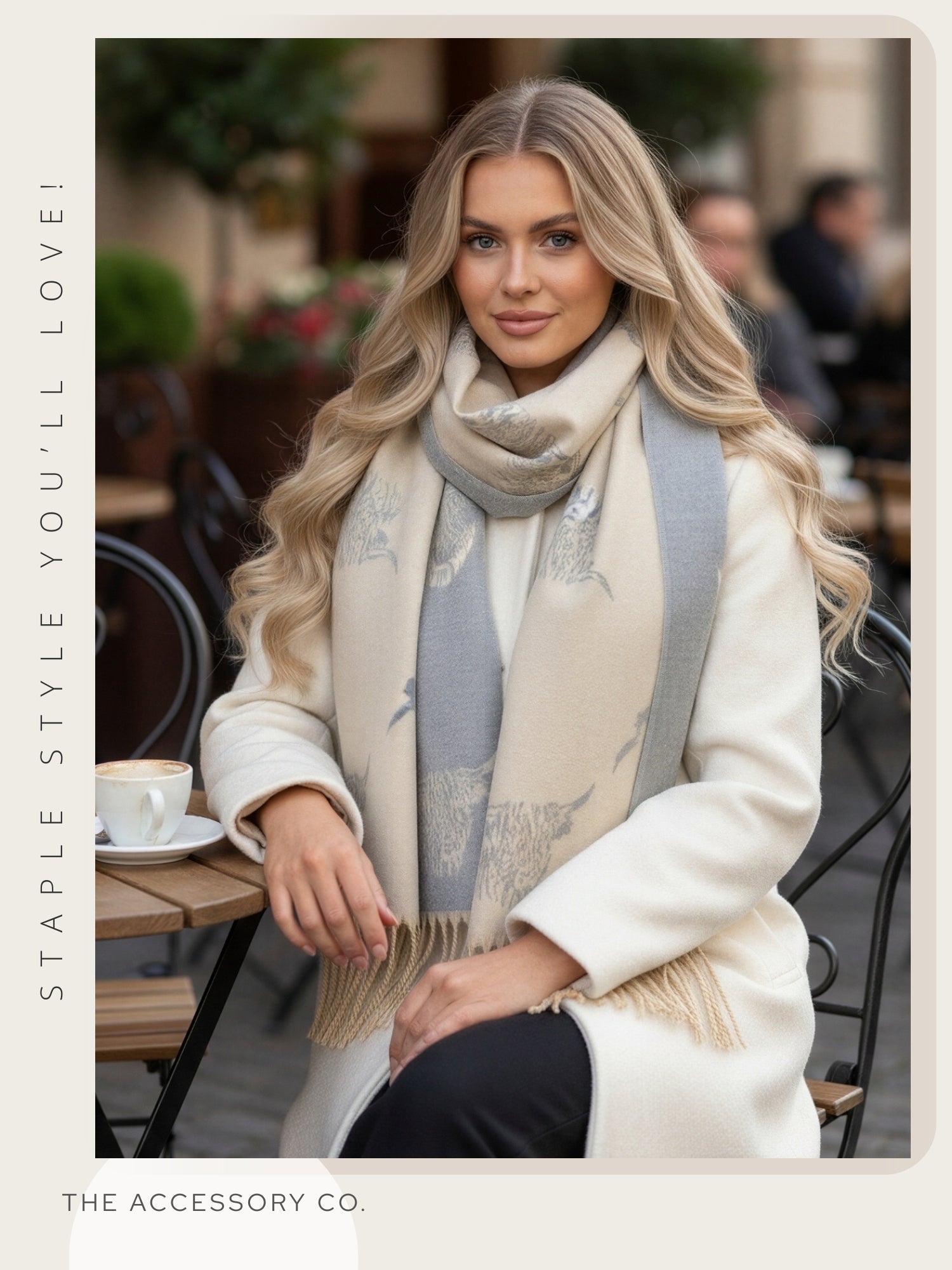 CASHMERE HIGHLAND COW PRINT REVERSIBLE WINTER SHAWL BLANKET SCARF - CREAM
