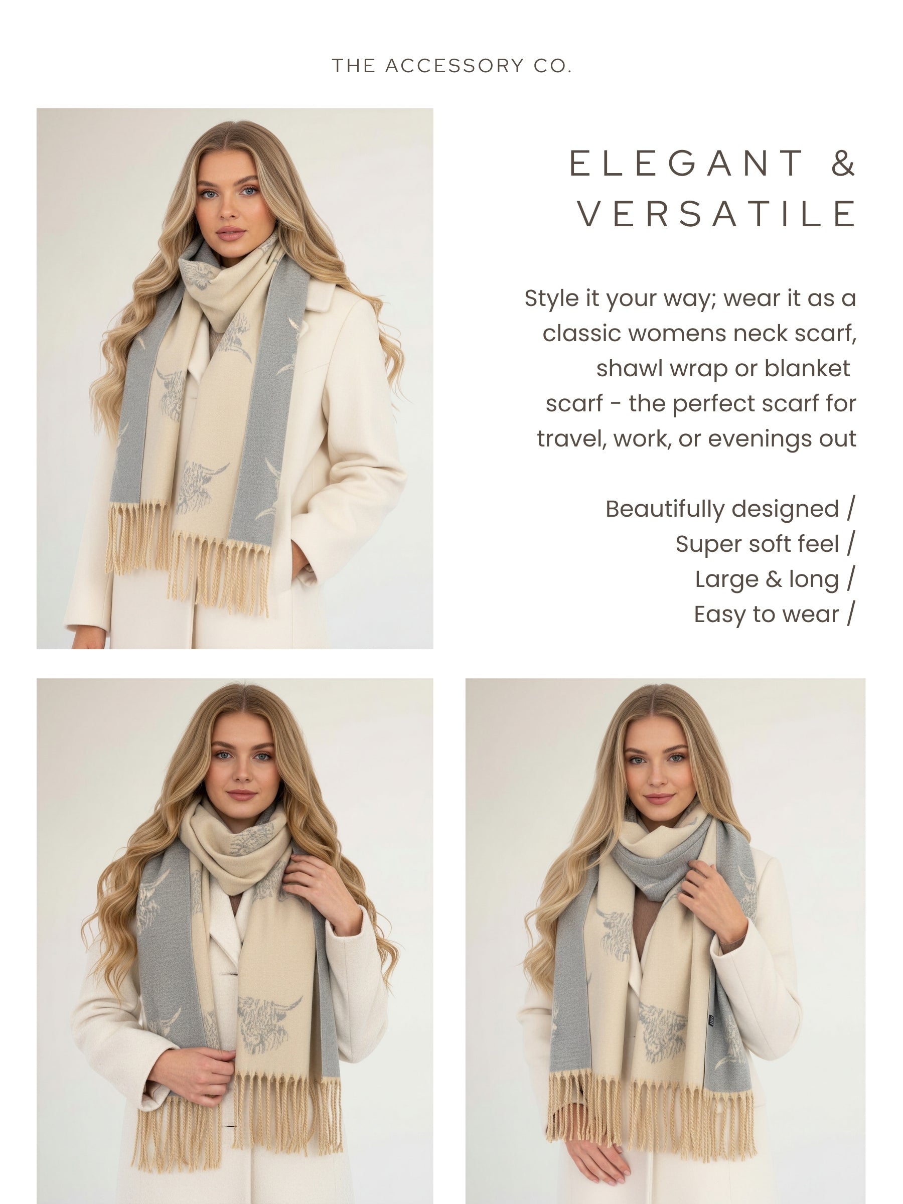 CASHMERE HIGHLAND COW PRINT REVERSIBLE WINTER SHAWL BLANKET SCARF - CREAM
