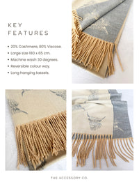 CASHMERE HIGHLAND COW PRINT REVERSIBLE WINTER SHAWL BLANKET SCARF - CREAM