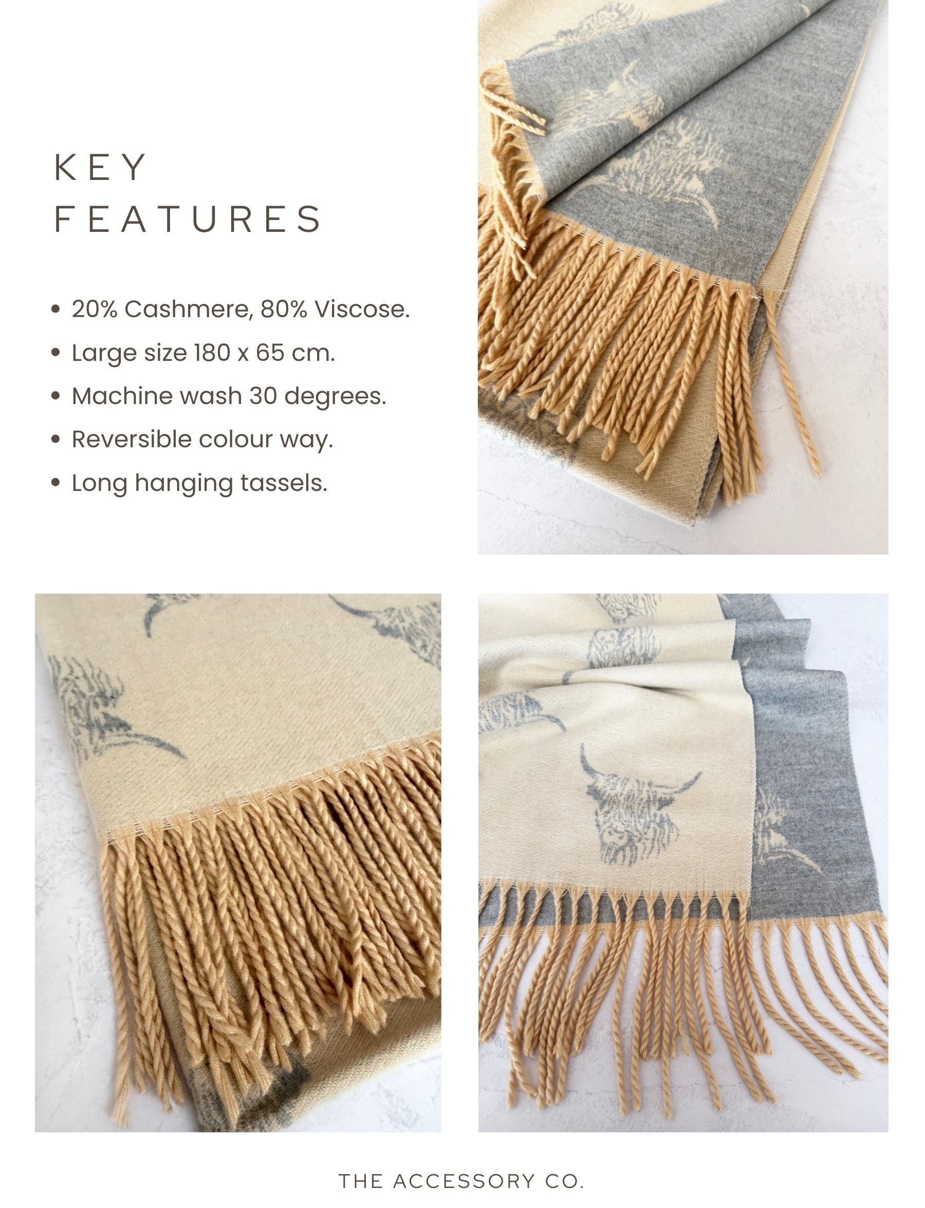 CASHMERE HIGHLAND COW PRINT REVERSIBLE WINTER SHAWL BLANKET SCARF - CREAM