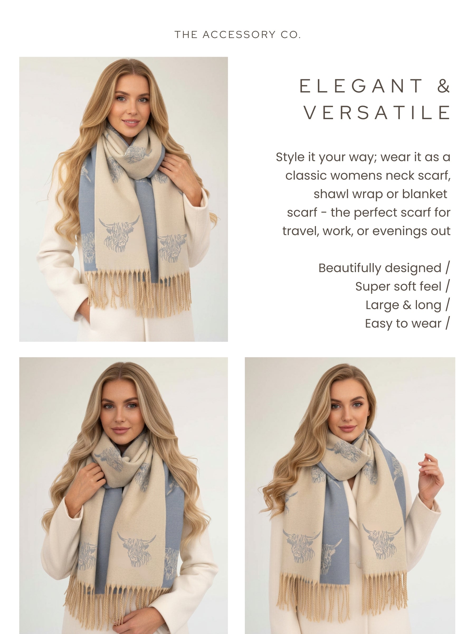 CASHMERE HIGHLAND COW PRINT REVERSIBLE WINTER SHAWL BLANKET SCARF - CREAM BLUE
