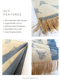 CASHMERE HIGHLAND COW PRINT REVERSIBLE WINTER SHAWL BLANKET SCARF - CREAM BLUE