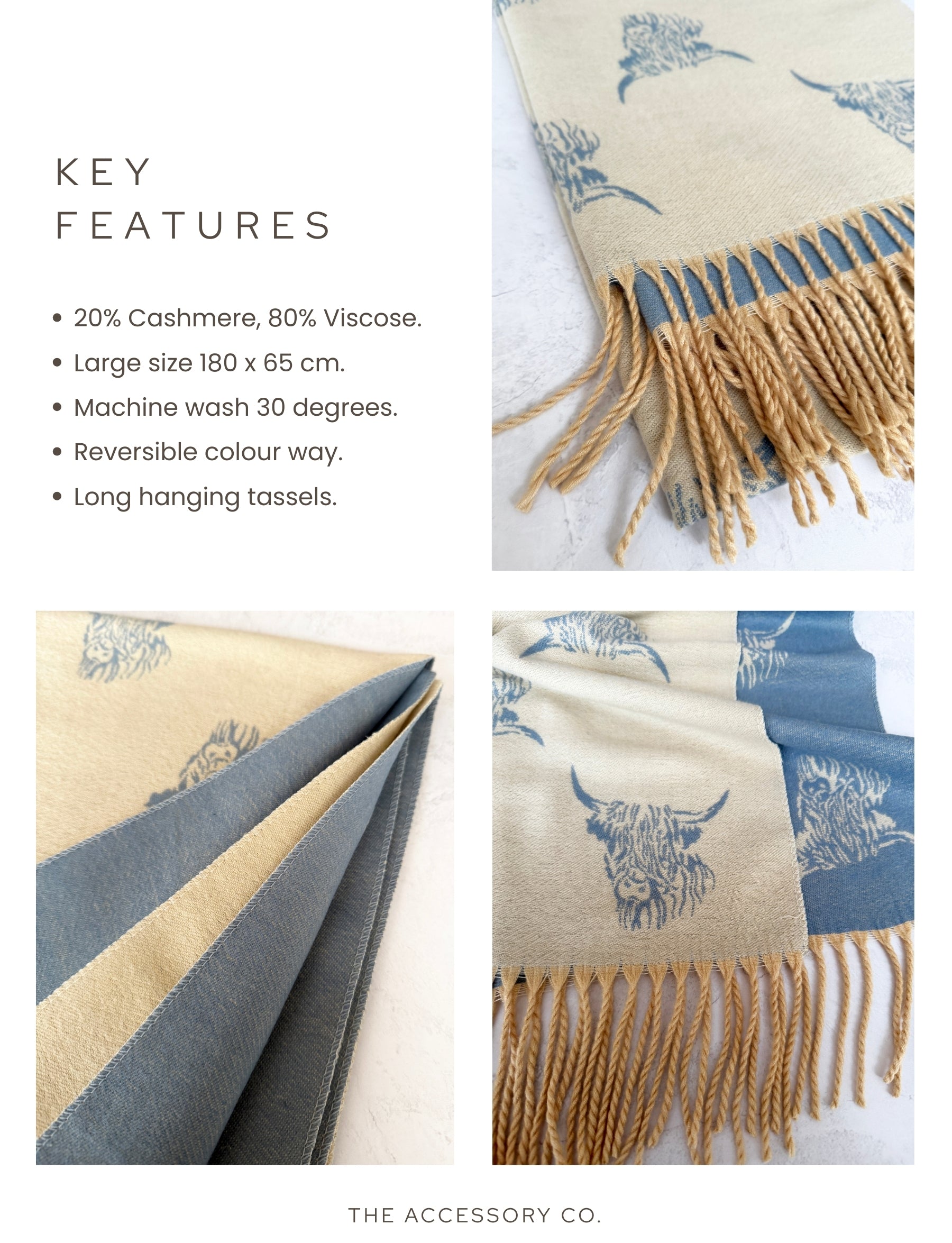 CASHMERE HIGHLAND COW PRINT REVERSIBLE WINTER SHAWL BLANKET SCARF - CREAM BLUE