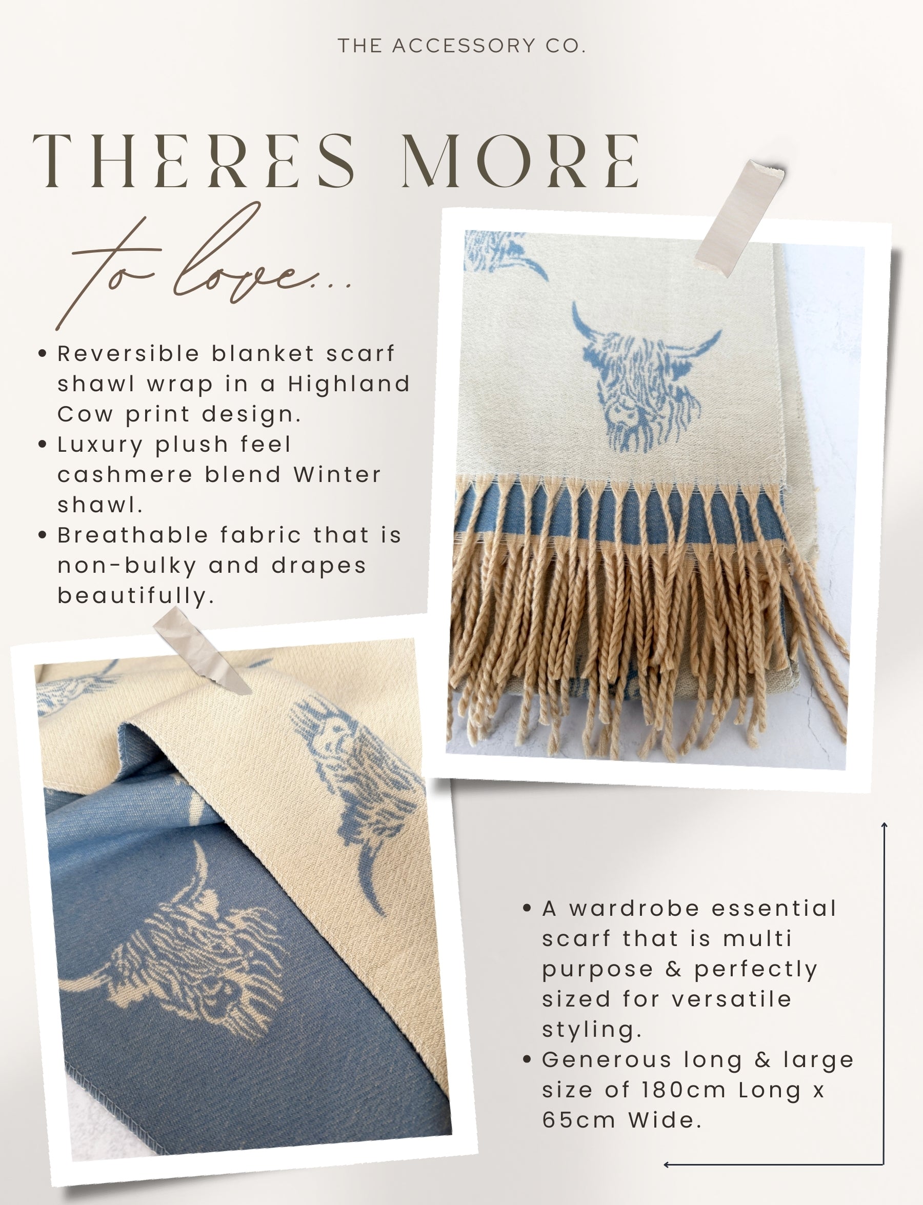 CASHMERE HIGHLAND COW PRINT REVERSIBLE WINTER SHAWL BLANKET SCARF - CREAM BLUE
