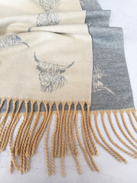 CASHMERE HIGHLAND COW PRINT REVERSIBLE WINTER SHAWL BLANKET SCARF - CREAM