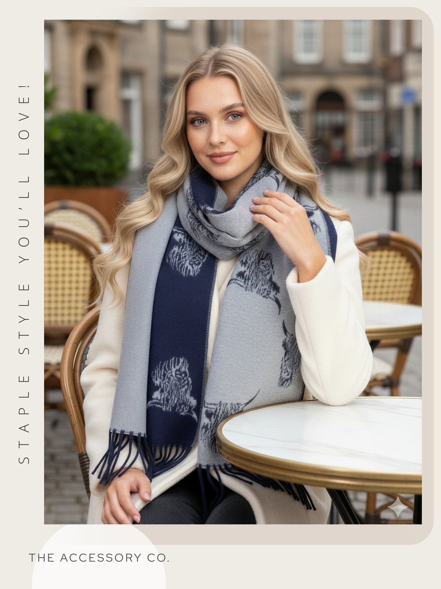 CASHMERE HIGHLAND COW PRINT REVERSIBLE WINTER SHAWL BLANKET SCARF - NAVY GREY