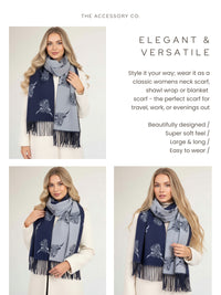 CASHMERE HIGHLAND COW PRINT REVERSIBLE WINTER SHAWL BLANKET SCARF - NAVY GREY