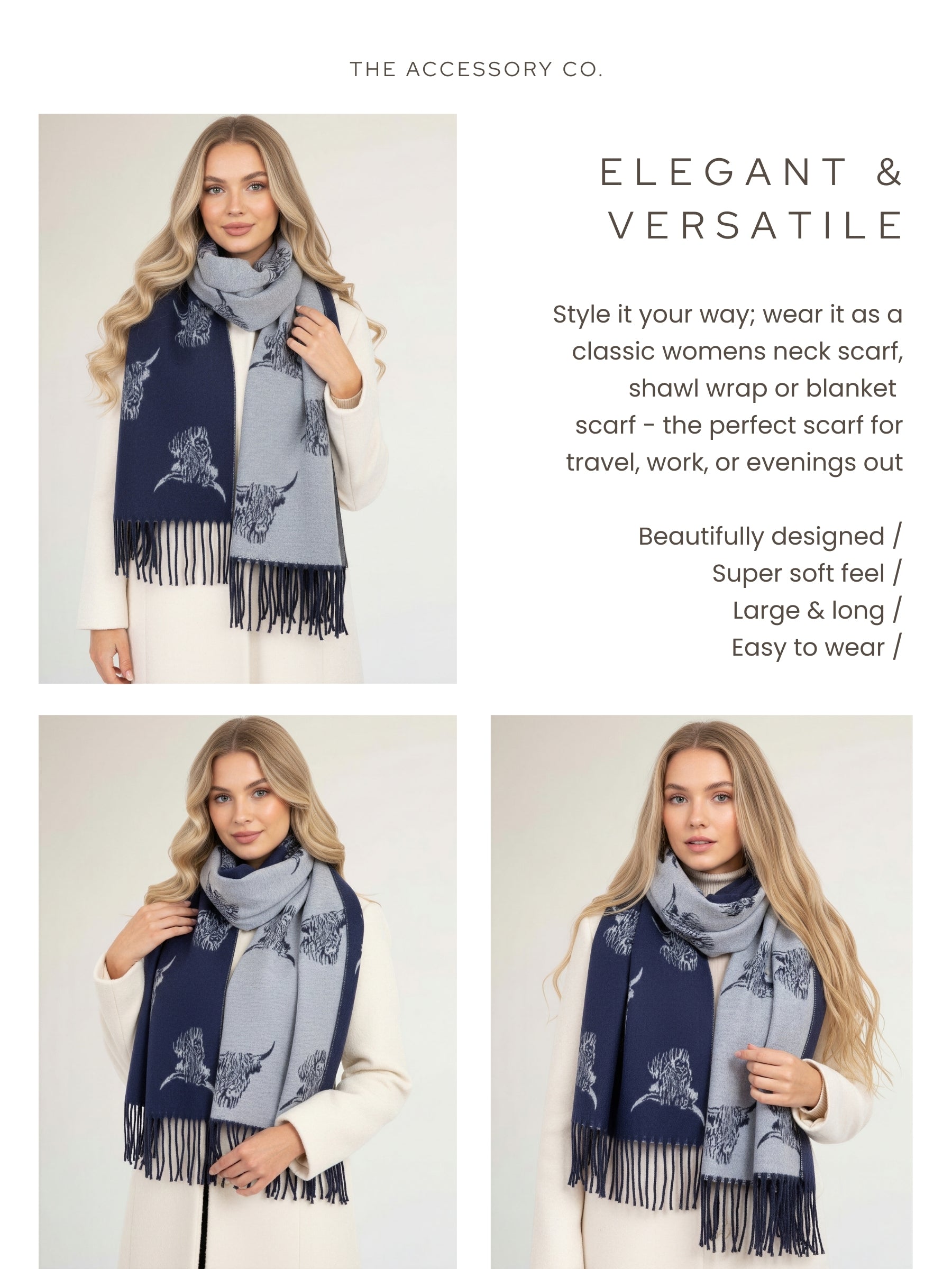 CASHMERE HIGHLAND COW PRINT REVERSIBLE WINTER SHAWL BLANKET SCARF - NAVY GREY