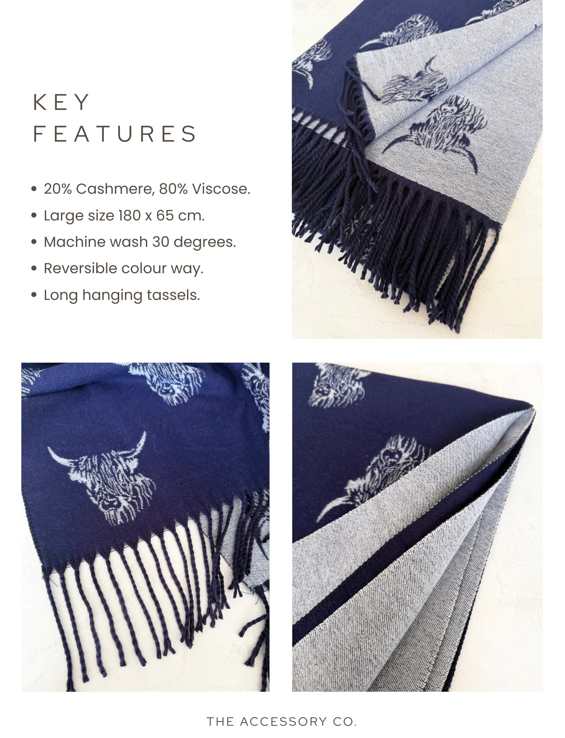 CASHMERE HIGHLAND COW PRINT REVERSIBLE WINTER SHAWL BLANKET SCARF - NAVY GREY