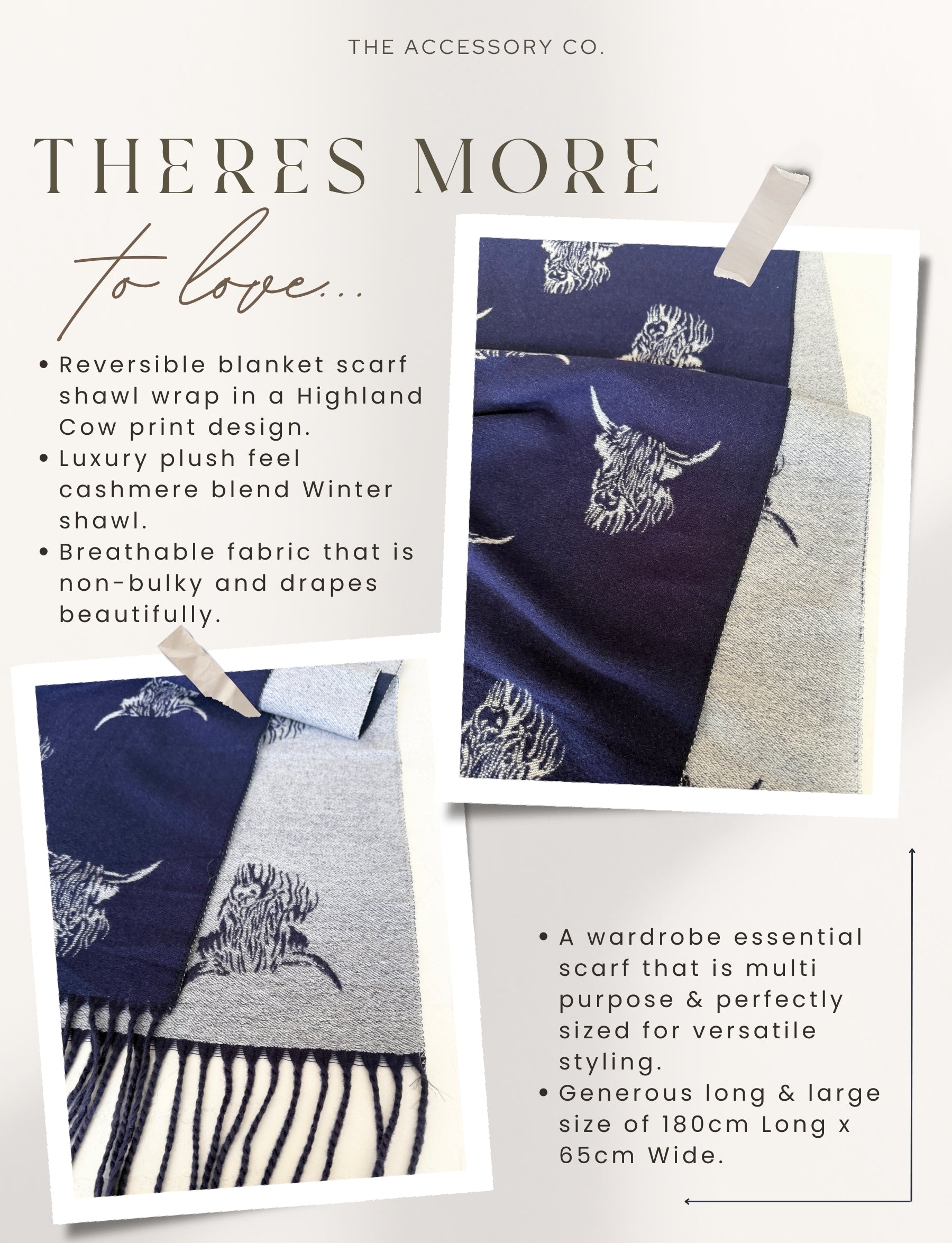 CASHMERE HIGHLAND COW PRINT REVERSIBLE WINTER SHAWL BLANKET SCARF - NAVY GREY