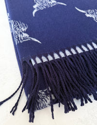 CASHMERE HIGHLAND COW PRINT REVERSIBLE WINTER SHAWL BLANKET SCARF - NAVY GREY