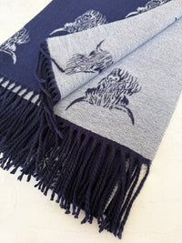 CASHMERE HIGHLAND COW PRINT REVERSIBLE WINTER SHAWL BLANKET SCARF - NAVY GREY
