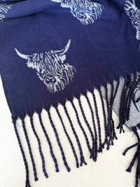 CASHMERE HIGHLAND COW PRINT REVERSIBLE WINTER SHAWL BLANKET SCARF - NAVY GREY