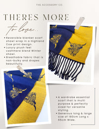 CASHMERE HIGHLAND COW PRINT REVERSIBLE WINTER SHAWL BLANKET SCARF - NAVY MUSTARD