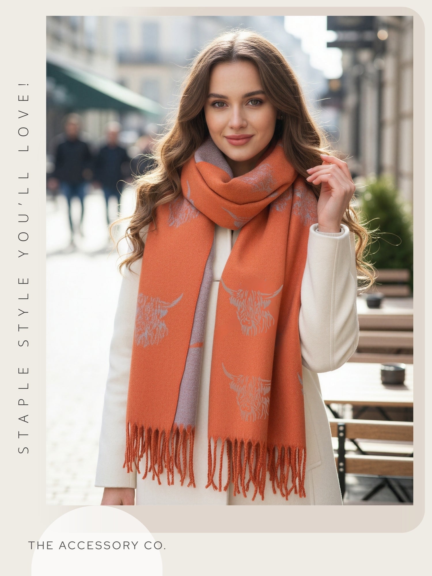 CASHMERE HIGHLAND COW PRINT REVERSIBLE WINTER SHAWL BLANKET SCARF - ORANGE