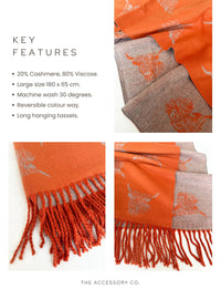 CASHMERE HIGHLAND COW PRINT REVERSIBLE WINTER SHAWL BLANKET SCARF - ORANGE