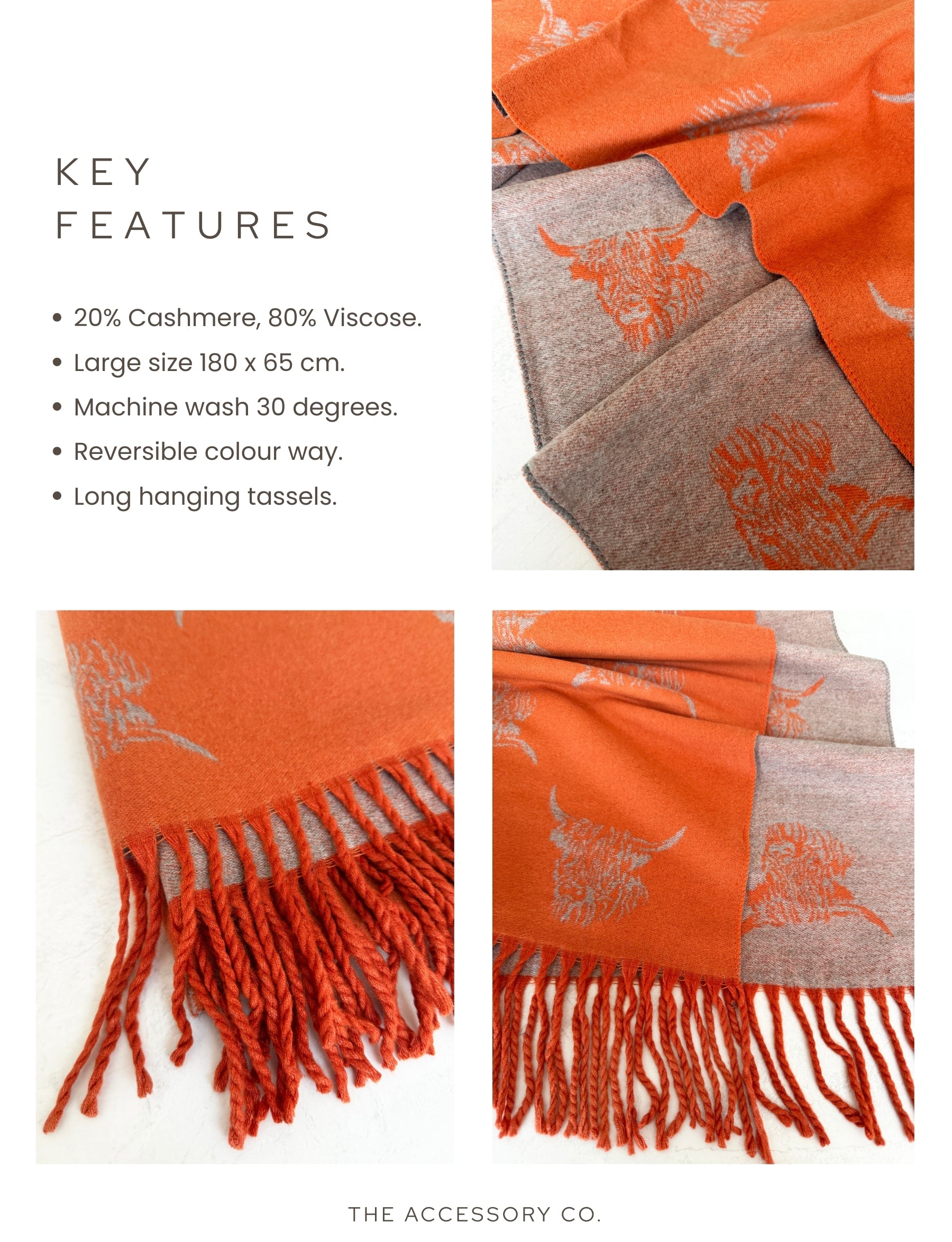 CASHMERE HIGHLAND COW PRINT REVERSIBLE WINTER SHAWL BLANKET SCARF - ORANGE
