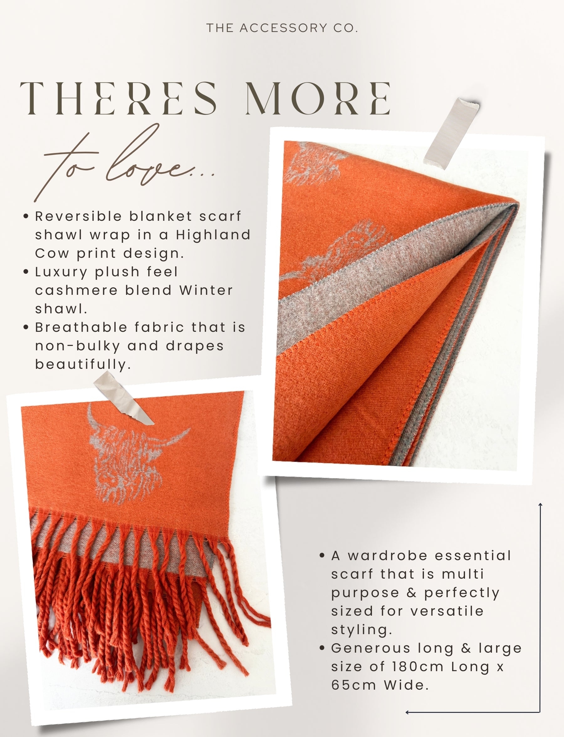 CASHMERE HIGHLAND COW PRINT REVERSIBLE WINTER SHAWL BLANKET SCARF - ORANGE