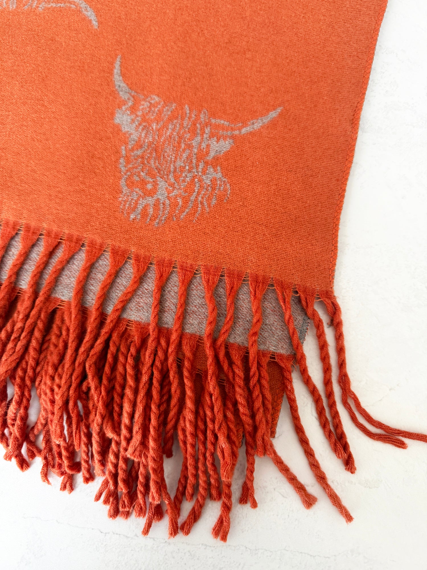 CASHMERE HIGHLAND COW PRINT REVERSIBLE WINTER SHAWL BLANKET SCARF - ORANGE