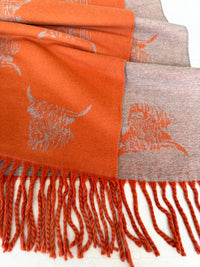 CASHMERE HIGHLAND COW PRINT REVERSIBLE WINTER SHAWL BLANKET SCARF - ORANGE