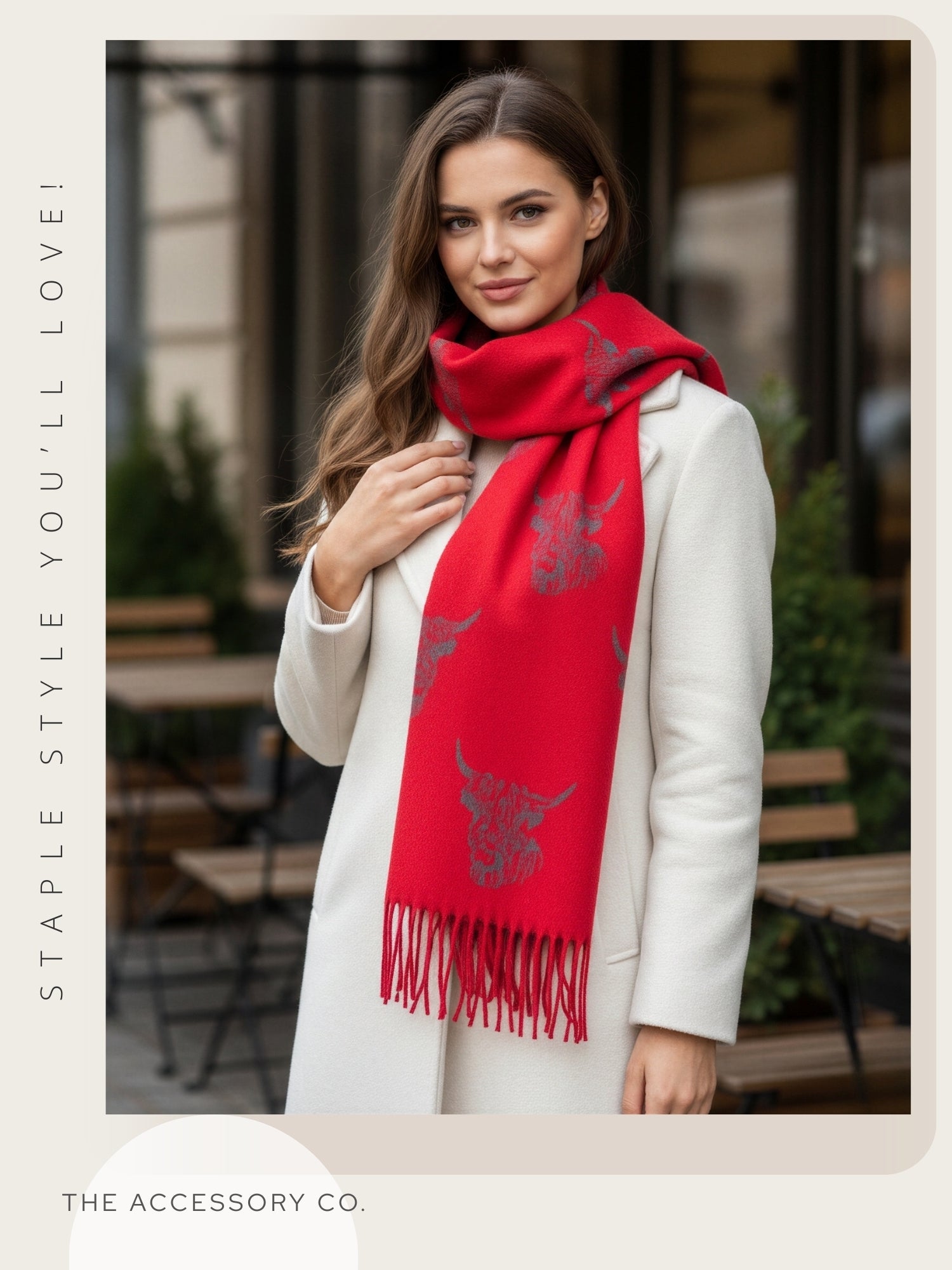 CASHMERE HIGHLAND COW PRINT REVERSIBLE WINTER SHAWL BLANKET SCARF - RED