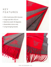 CASHMERE HIGHLAND COW PRINT REVERSIBLE WINTER SHAWL BLANKET SCARF - RED