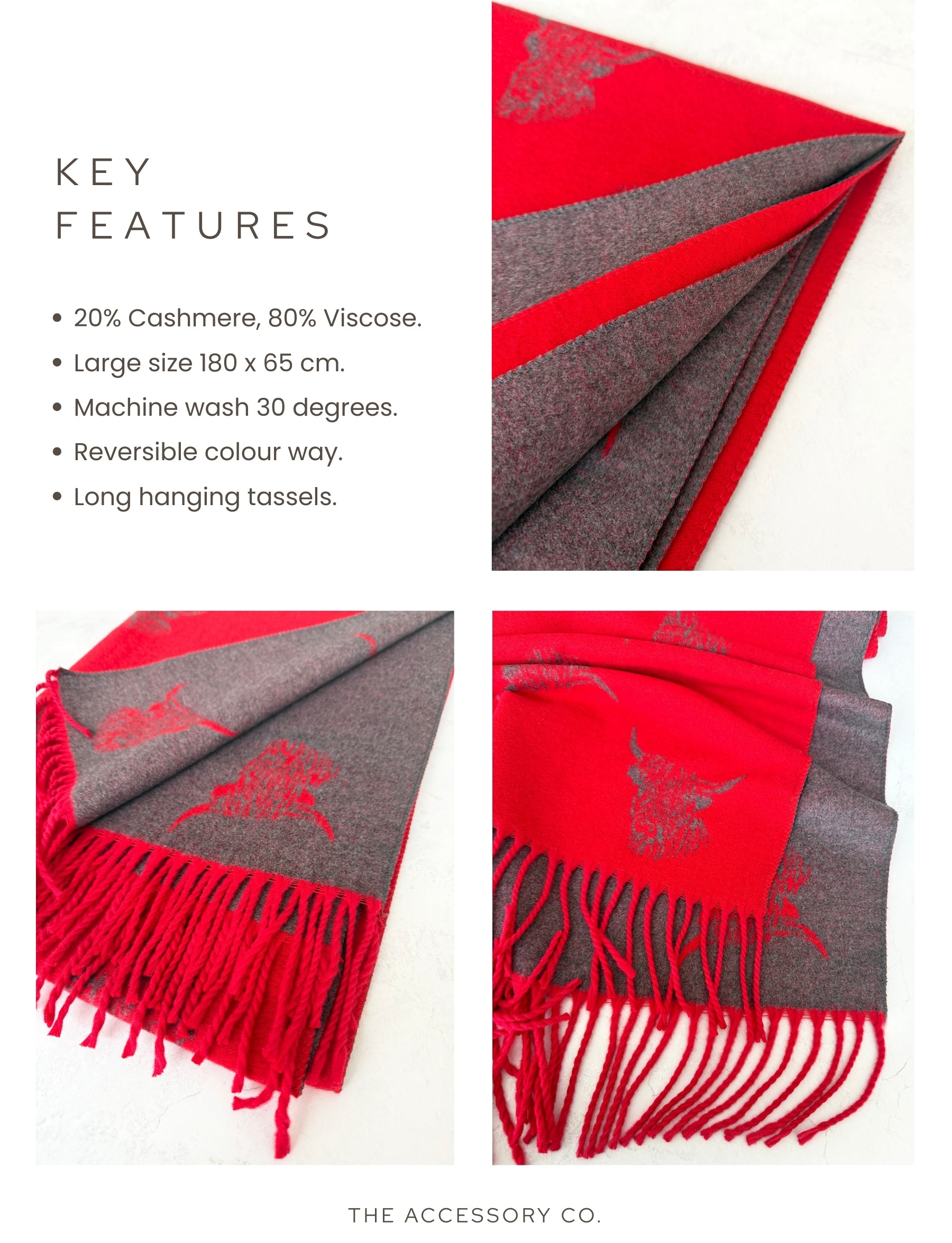 CASHMERE HIGHLAND COW PRINT REVERSIBLE WINTER SHAWL BLANKET SCARF - RED