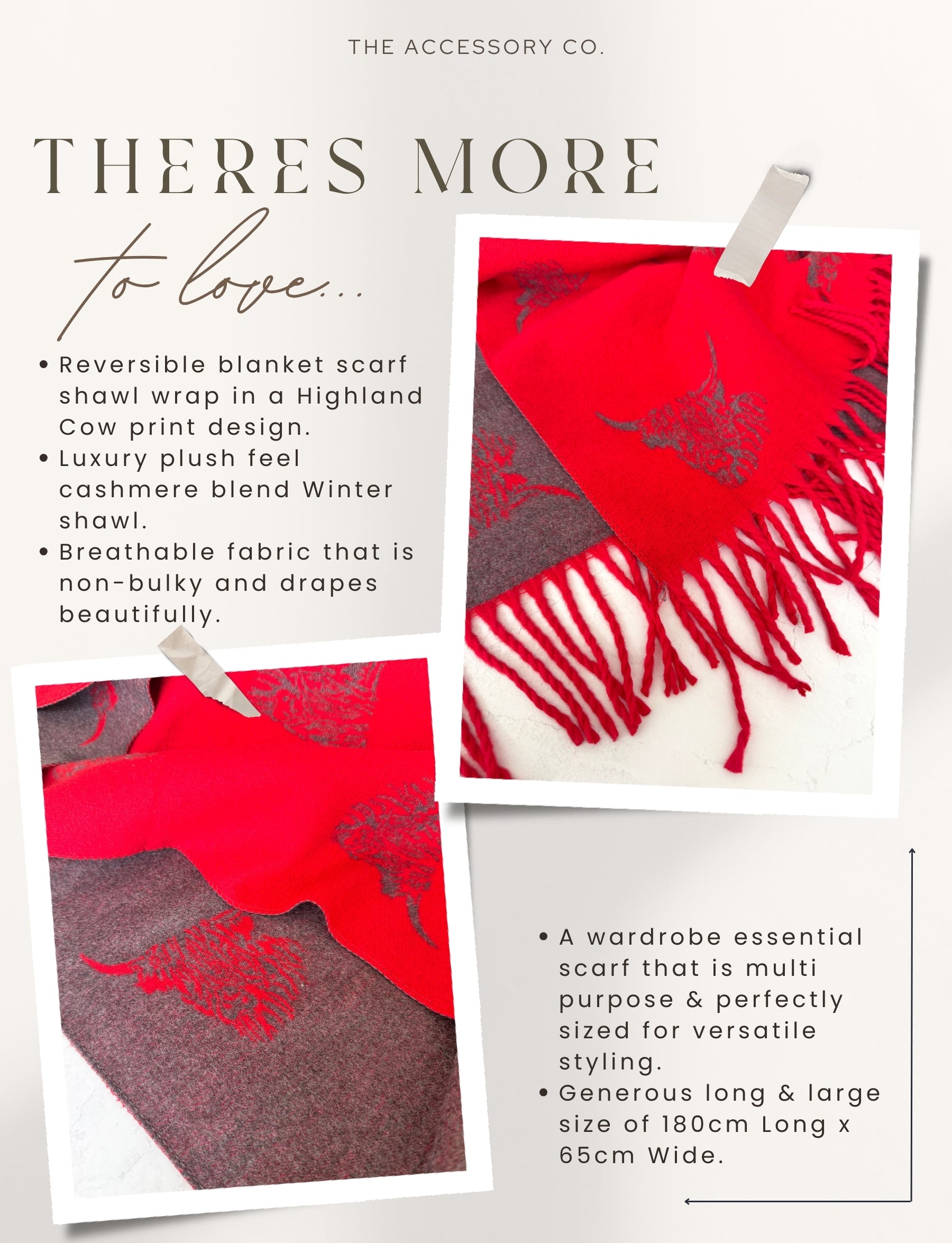 CASHMERE HIGHLAND COW PRINT REVERSIBLE WINTER SHAWL BLANKET SCARF - RED