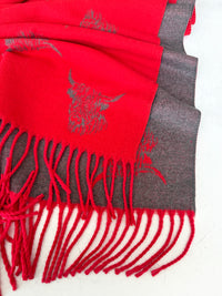 CASHMERE HIGHLAND COW PRINT REVERSIBLE WINTER SHAWL BLANKET SCARF - RED