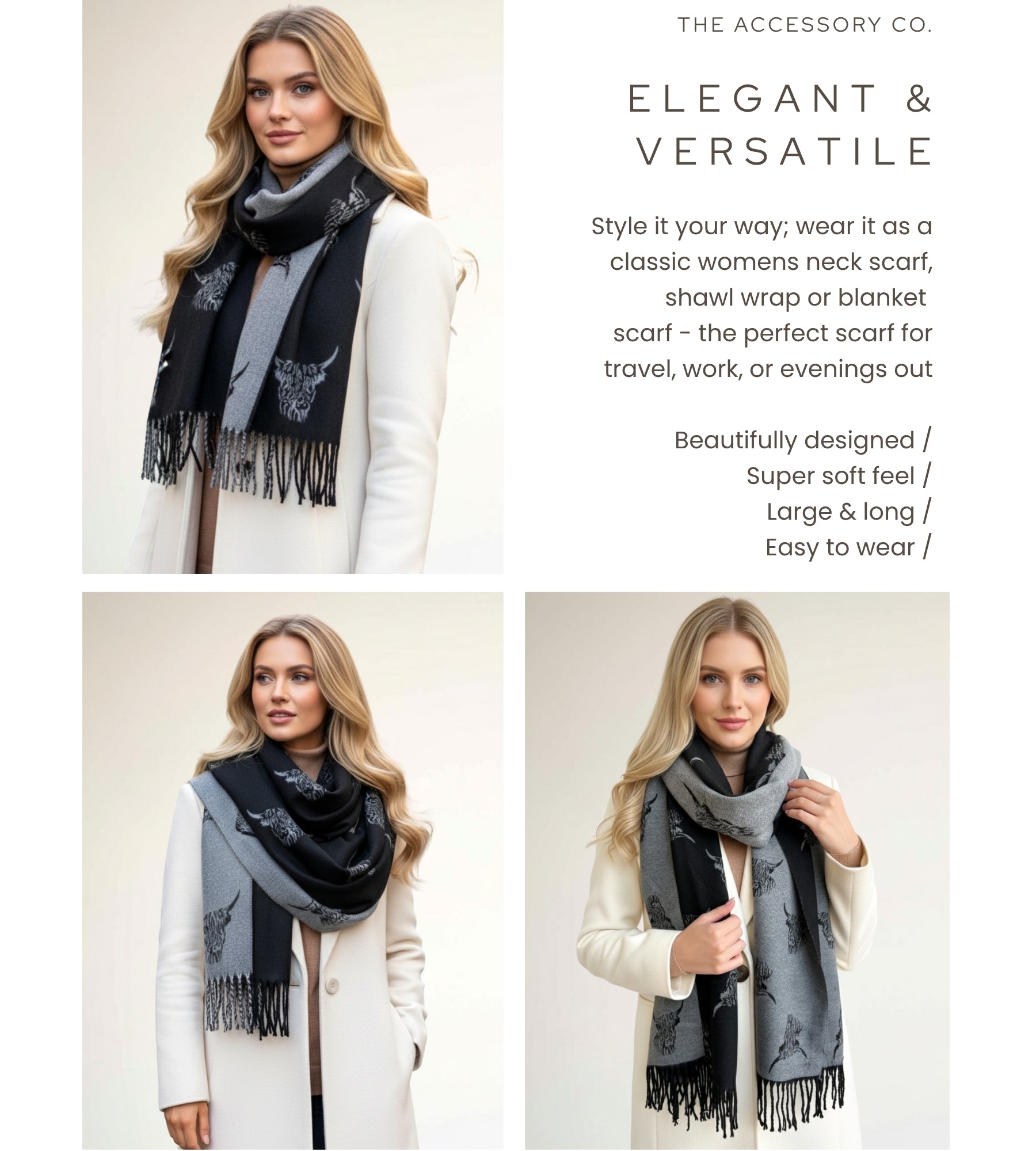 CASHMERE HIGHLAND COW PRINT REVERSIBLE WINTER SHAWL BLANKET SCARF - BLACK