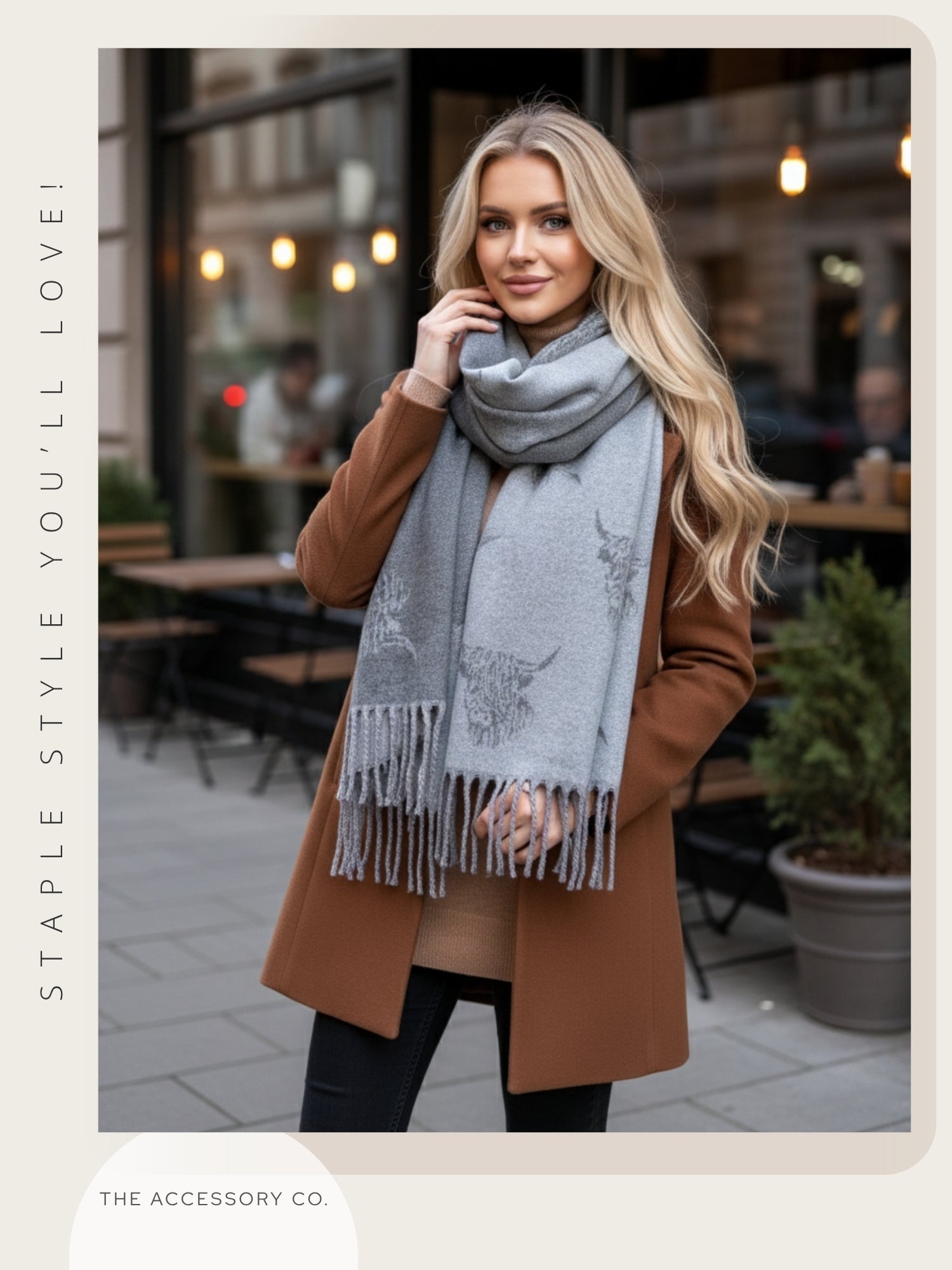 CASHMERE HIGHLAND COW PRINT REVERSIBLE WINTER SHAWL BLANKET SCARF - GREY