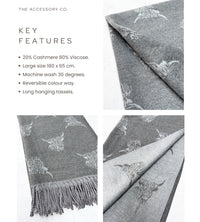 CASHMERE HIGHLAND COW PRINT REVERSIBLE WINTER SHAWL BLANKET SCARF - GREY