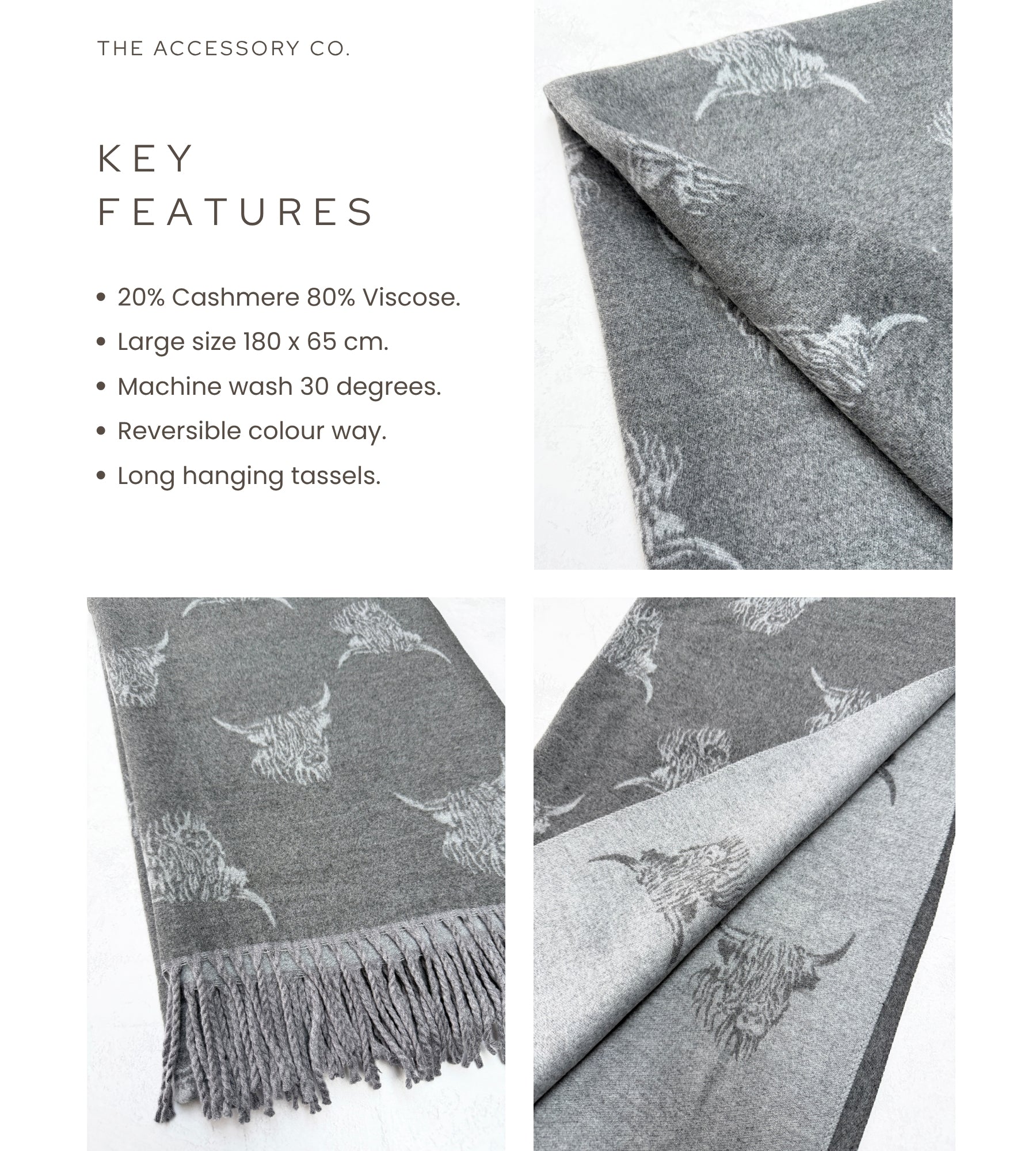 CASHMERE HIGHLAND COW PRINT REVERSIBLE WINTER SHAWL BLANKET SCARF - GREY
