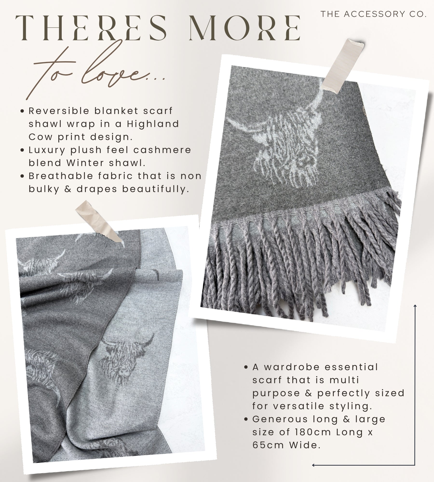 CASHMERE HIGHLAND COW PRINT REVERSIBLE WINTER SHAWL BLANKET SCARF - GREY